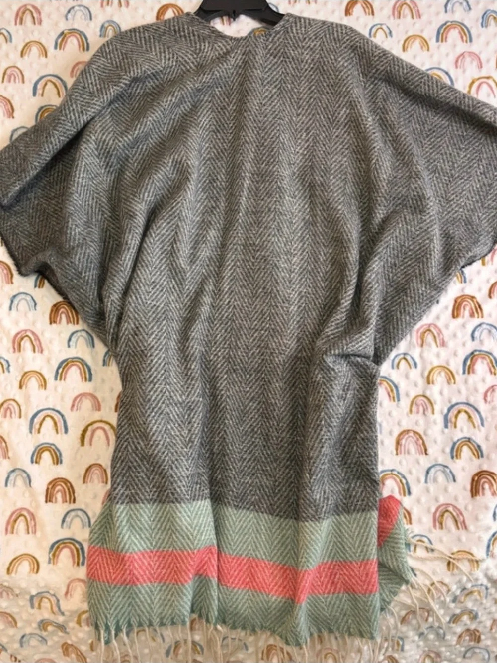 Just Jamie Gray Herringbone Cardigan with Mint and Coral Stripes